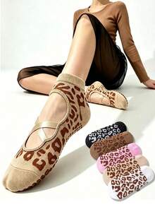5 Pairs Women's Leopard Print Cross Strap Yoga Pilates Fitness Running Workout Dance Floor Socks, Non-Slip Quick-Dry - Multicolor - View 4