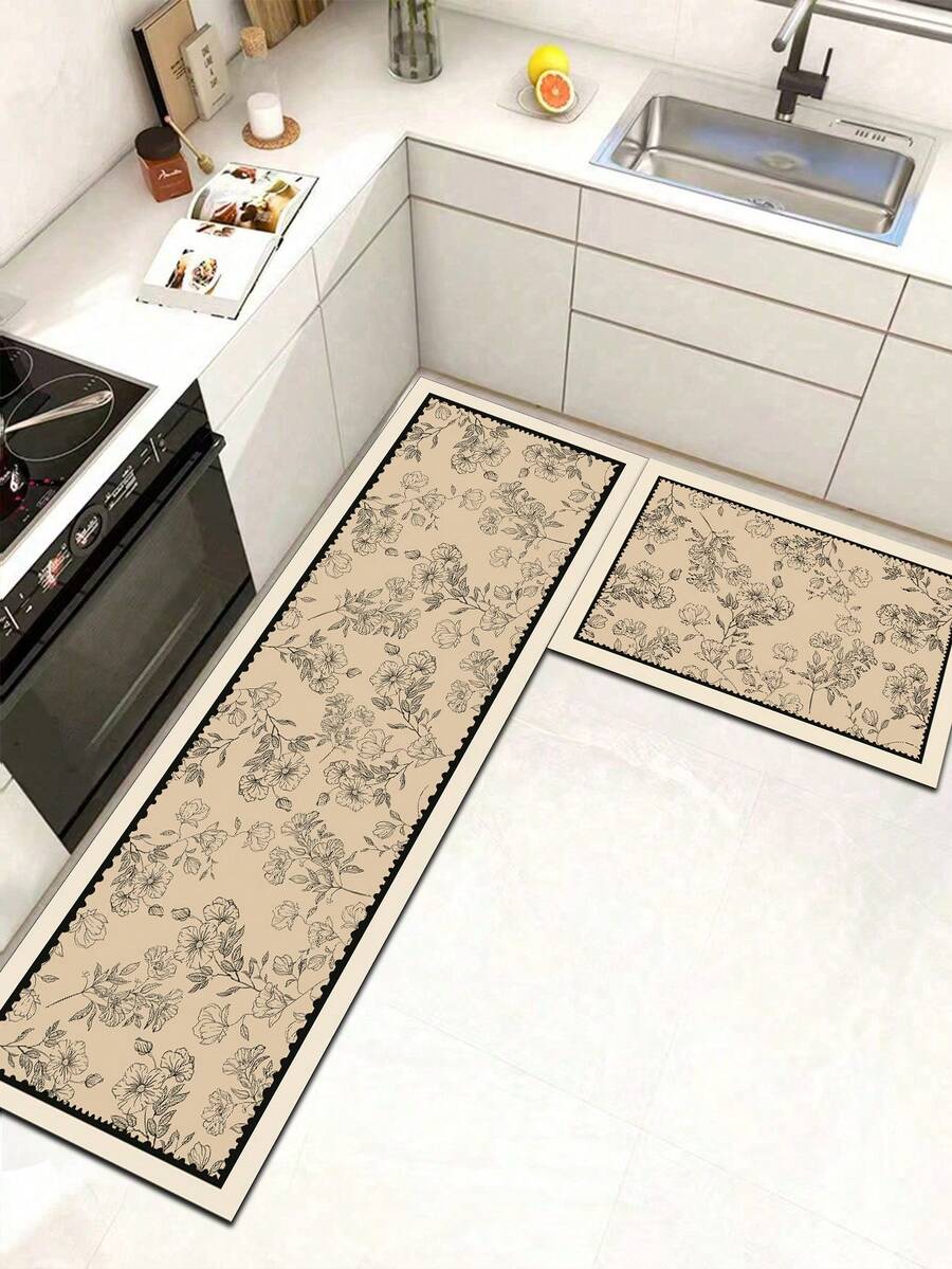 1 Pc Light Brown Floral Pattern Kitchen Mat, 3.5 Mm Soft Rubber That ...