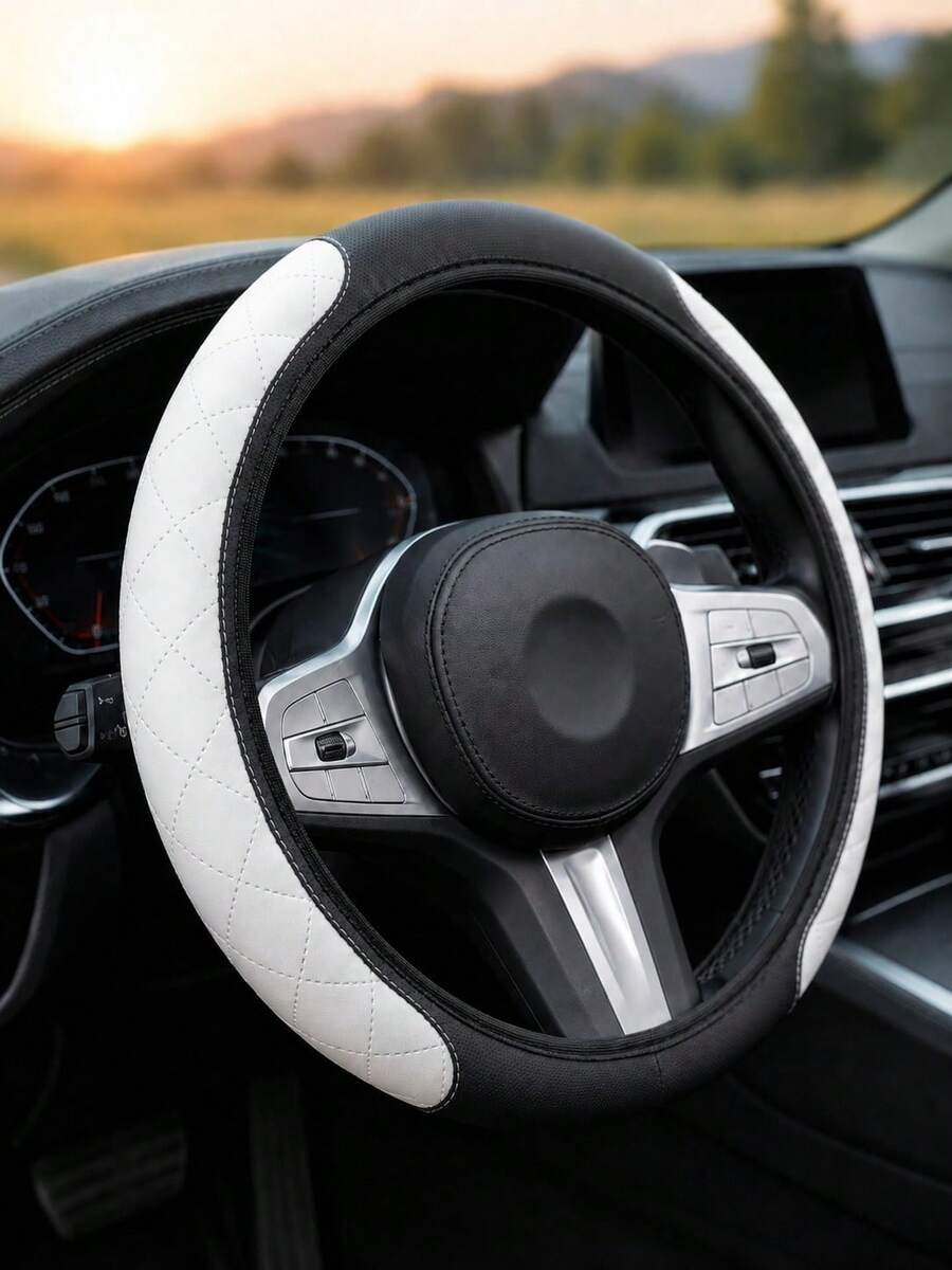 PU Leather Car Steering Wheel Cover, Elastic No Inner Ring Design, Elastic No Inner Ring Steering Wheel Sleeve, Steering Wheel Protector, 15inch, Universal Size, Car Interior Accessory - Multicolor - View 1