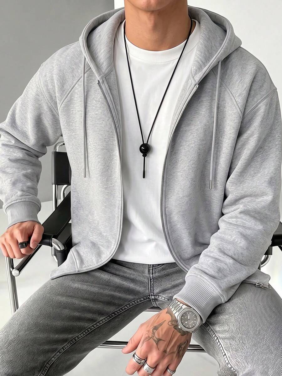 Men's Autumn/Winter Casual Fashion Streetwear Solid Color Zip-Up Hoodie With Drawstring - Grey - View 1