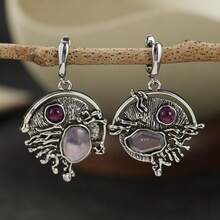 Vintage Mysterious Sun & Moon Embossed Long Earrings, Light Pink Accents, Women's Party & Daily Wear Jewelry - Silver - View 3