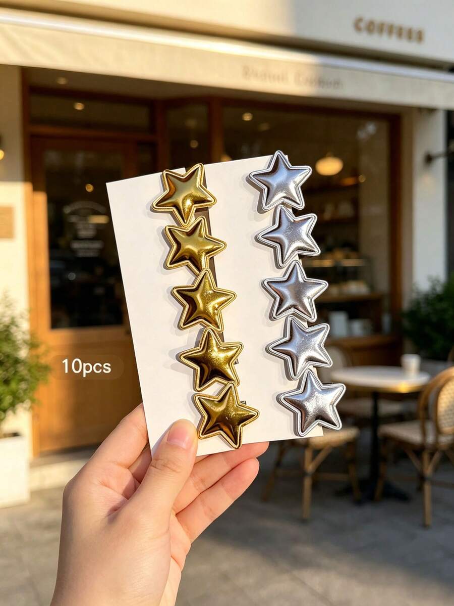 10pcs Gold + Silver Star Hair Clips, Sweet Style Hair Accessories Suitable For Daily Wear - Multicolor - View 1