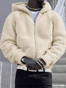 Men Cream Hooded Fleece Jacket, Solid Zip Up Thick Warm Sherpa Long Sleeve Outerwear - Apricot - View 2