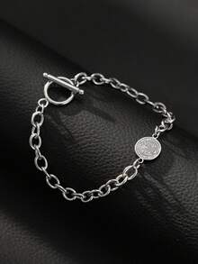 Gelang Pria Mewah Bergaya Retro, Rantai Baja Tahan Karat dengan Liontin Bulat Timbul dari Paduan Logam, Gesper OT, Cocok untuk Pemakaian Sehari-hari & Hadiah Liburan - Perak - View 2