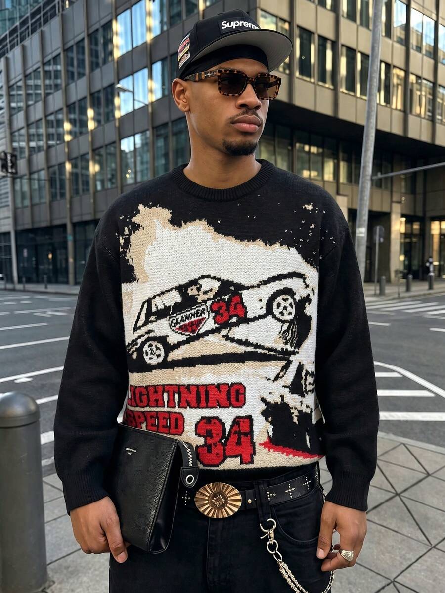 ANDREILEE Men's Round Neck Car Letter Graphic Casual Commute Autumn/Winter Long Sleeve Sweater - Black - View 1