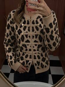 Women Casual Retro Crewneck Sweater Cardigan, Button Front Leopard Fuzzy Winter Sweater,Metal Button Leopard Print Cardigan,Long Sleeve Knit Too - Multicolor - View 9