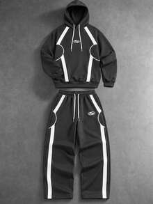 FRACTYR Set Pakaian Olahraga Pria 2 Potong dengan Hoodie Longgar, Motif Garis Blok Warna Melengkung Putih, Pakaian Jalanan - Grey - View 5