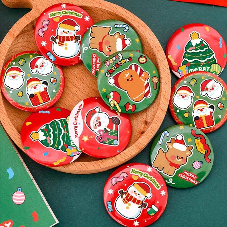 1PC Christmas Button Badge Pins, Vintage Holiday Cartoon Brooch Collection With Santa Snowman Gingerbread Tree Patterns, Cute Round Pins For Backpack Hat Jacket Decoration, Festive Party Accessories, Seasonal Gift Idea - Multicolor - View 1