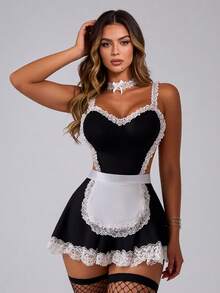 2pcs/Set Women's Sexy Maid Lingerie Costume, Includes Dress And Apron - Black - View 3
