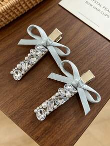 2pcs Shiny Crystal Rhinestone Pearl Bow Side Hair Clips Set, Exquisite Hair Accessories For Women, Daily And Party Wear, Gift For Girls - Multicolor - View 5