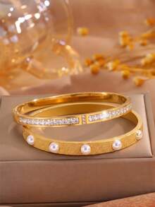 2pcsGolden Tone Stainless Steel Bangle, Dense Paved Zirconia, Elegant Stackable Wrist Ornament - Gold - View 10