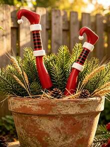 2pcs Christmas Elf Legs Planter Decoration, Potted Plant Decor, Create Holiday Atmosphere, Beautify Garden Landscape, Suitable For Yard, Balcony, Outdoor Garden, 3D Craft Design, Creative Gift For Plant Lovers - Multiple Styles - View 3