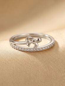 1pc Silver Cute Bow Ring, Shiny Cubic Zirconia Perfect Romantic Gift, Suitable For Her As Wedding Or Date Night Accessory - Silver - View 3