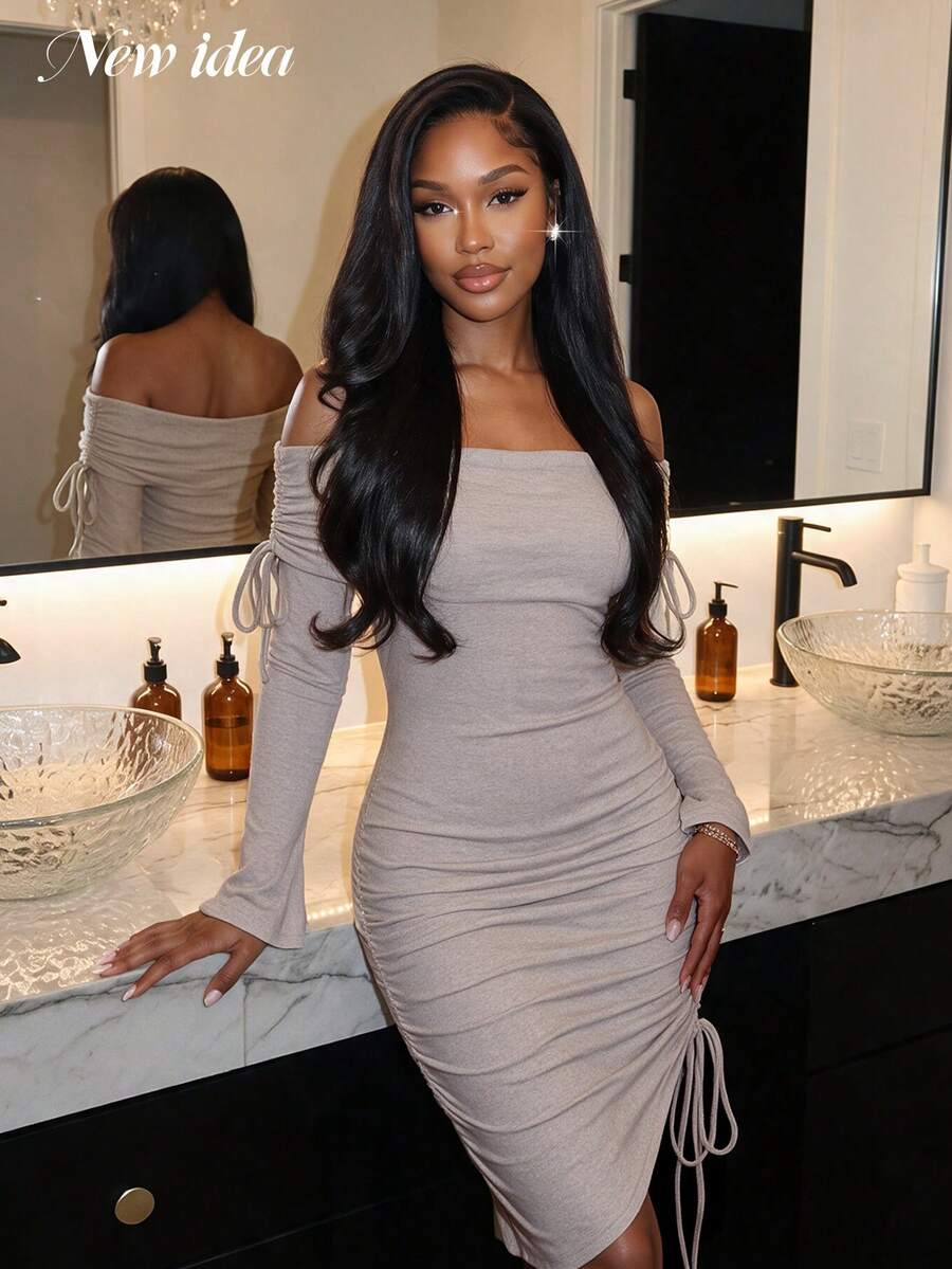 NEW IDEA Women Sexy Khaki Fall Winter Short Dress, Off‑Shoulder Long Sleeve Drawstring Irregular Bodycon Dress For Night Out, Party, Dating, Going Out - Khaki - View 1