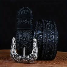 1pc Unisex Western-Inspired Belt With Ornate Carved Buckle And Full Embossed Scroll Strap Detailing, Rivet-Reinforced Vintage Design - UH035 - View 4