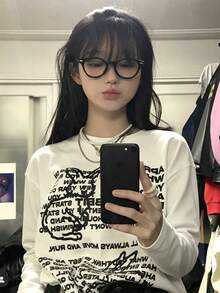 Kaos Lengan Panjang Wanita dengan Motif Grafis, Atasan Pullover Longgar, Gaya INS Musim Gugur - Putih - View 5