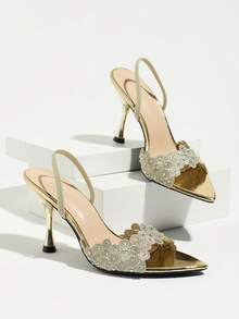 Women's Fashion Lace Embroidery Rhinestone Stiletto High Heel Sandals, Wavy Edge Pointed Toe Gold High Heels, Suitable For Wedding, Banquet, Party, Work, Gathering Occasions, Minimalist Mesh Design Women's Shoes - Gold - View 5