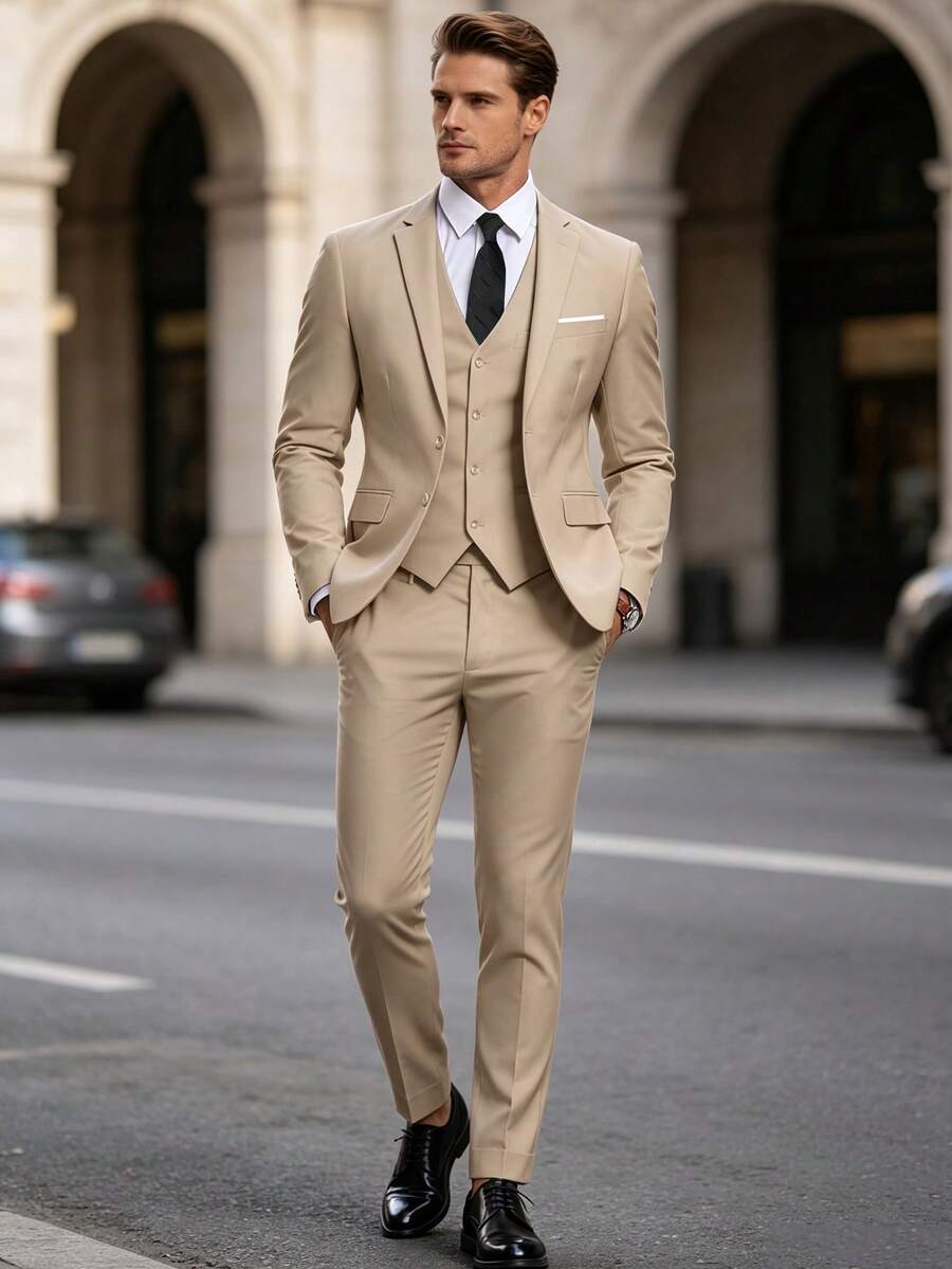 Men's Gentleman Minimalist Slim Fit Single-Breasted Business 3 PiecesSuit Set, Includes Blazer, Vest And Trousers, Suitable For Wedding, Party, Ball, Old Money Style