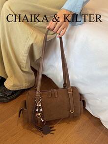 1pc Solid Color Pillow Buckle Suede Fabric Shoulder Bag Suitable For Commuting, Shopping, Etc. (With Pendant) - Coffee - View 6