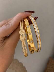 Camhanno 3pcs Gold Zirconia Open Bangle Set, Stainless Steel Cross & Clover Inlaid, Stackable Women's Jewelry Gift - Multicolor - View 1