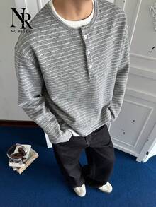 【NO RULES】メンズ ヘンリーネック ニット長袖 T シャツ 二重構造 フェイクレイヤード 柔らかい質感 ルーズシルエット 秋冬トップス ユニセックス ロンt ボーダートップス ボーダー　ロンt ヘンリーネック 秋服メンズ - グレー - チェックする 2
