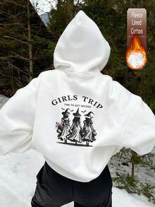 Women's Autumn/Winter Hooded Sweatshirt, Witch Graphic And "GIRLS TRIP TIME TO GET WICKED" Text, Loose Fit, Long Sleeve Pullover, Y2K Style - White - View 5