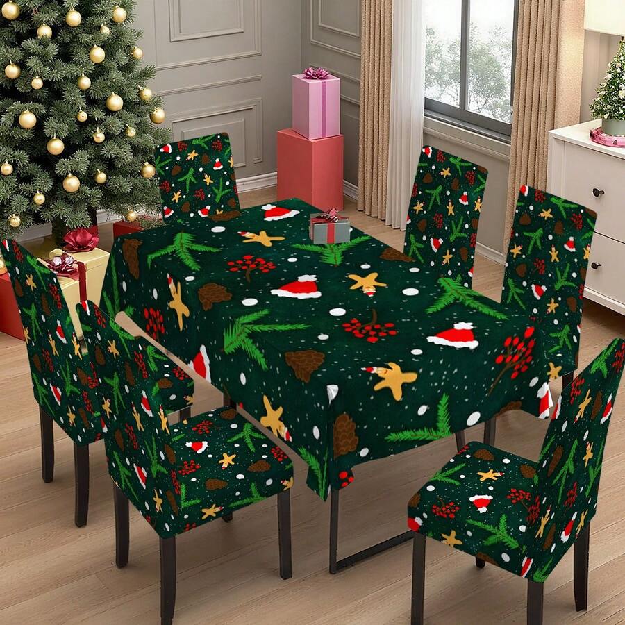 1PC/4PCS/5PCS/6PCS/7PCS/30PCS Dark Green Christmas Hat Gingerbread Man Pine Cone Holly Red Berry Print Christmas Tablecloth Elastic Chair Cover Set, Washable Decorative Dining Tablecloth + Elastic Chair Cover, Suitable For Christmas Eve Dinner, Christmas Family Gathering, Holiday Banquet, Home Dining Room Tabletop Holiday Party Decoration - Dark Green - View 1