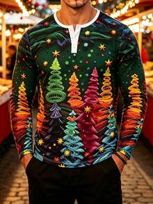 Men's Autumn/Winter Christmas Atmosphere Personalized Line Christmas Tree Print Button Long Sleeve T-Shirt - Multicolor - View 3
