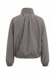 Women's Woven Plaid Long Sleeve Button-Up Cardigan Collar Shirt, Drawstring Hem, Fashionable Autumn Top - Brown - View 5