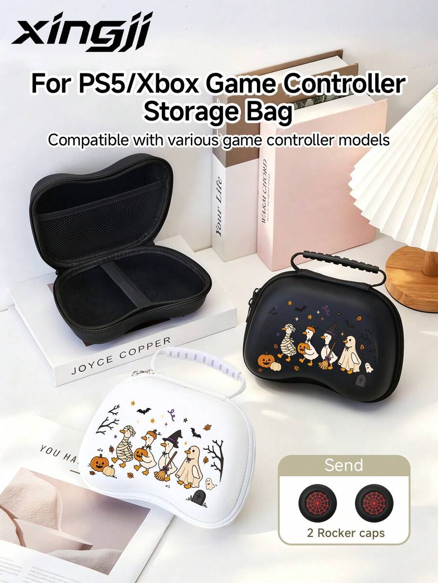 Xingji,Halloween-Themed Goose And Duck Cartoon Design Game Controller Storage Bag-Suitable For PS-5 Game Controllers/Game Consoles-Includes 2 Game Controller Joystick Protectors,Dust-Proof And Scratch-Resistant-Ideal Choice For Switch Players. - View 1