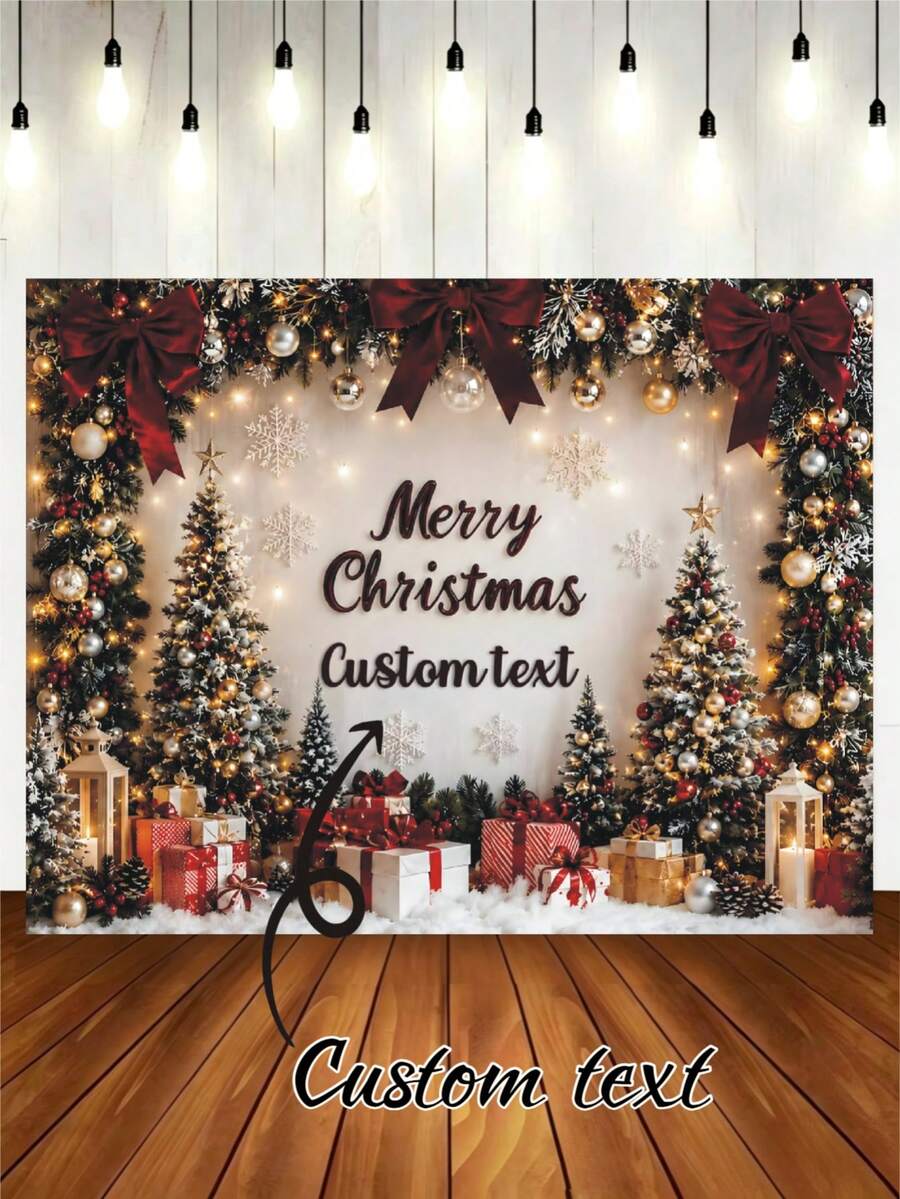 Latar Belakang Tema Natal Musim Dingin dengan Teks yang Dapat Disesuaikan, Pohon Natal, Kotak Hadiah, Daun Holly, Permen Tongkat, Lonceng, Pita, Desain Dekorasi Pola Kepingan Salju, Cocok untuk Pesta Natal, Pertemuan Keluarga, Doa, Dekorasi Latar Belakang Fotografi, Spanduk Fotografi, Vinyl - MultiWarna - View 1