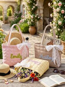 1pc Personalized Name Quilted Plaid Tote Bag, Customized Checkered Shoulder Bag, Bridesmaid Gift, Embroidered Name, Lightweight Shopping Handbag - Multicolor - View 1