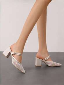 Fashion Versatile 2-Way White Snowflake Lace Mesh Double Thin Strap Pointed Toe Chunky Heel Backless Half-Sling Sandals - Beige Snowflake - View 7