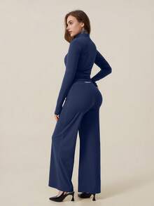TimeOff Women's One Set Autumn/Winter Solid Color Stand Collar Zipper Pocket Cuff Thumb Hole Jacket And Straight Leg Pants Sports Suit - Navy Blue - View 8