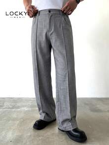 1pc Men's Autumn/Winter Grey Button Waist Straight Leg Casual Pants, Business Commute Draped Trousers With Line Design - Grey - View 6