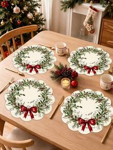 2/4/600pcs Christmas Party Round Placemats - Holly Berry Wreath, Red Bow; 13.78 Inch Linen Material; Non-Slip, Heat-Resistant And Machine Washable - Multicolor - View 1