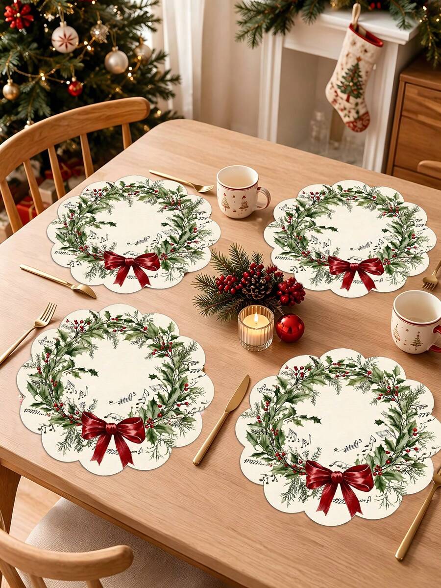 2/4/600pcs Christmas Party Round Placemats - Holly Berry Wreath, Red Bow; 13.78 Inch Linen Material; Non-Slip, Heat-Resistant And Machine Washable - Multicolor - View 1