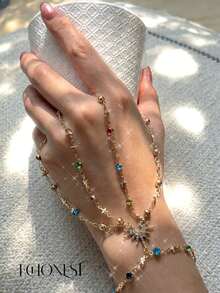 EchoNest 1pc Gold Stainless Steel Colorful Gemstone Finger Chain Bracelet, Double Layer Finger Chain Decorative Accessory For Vacation And Party - Gold - View 3