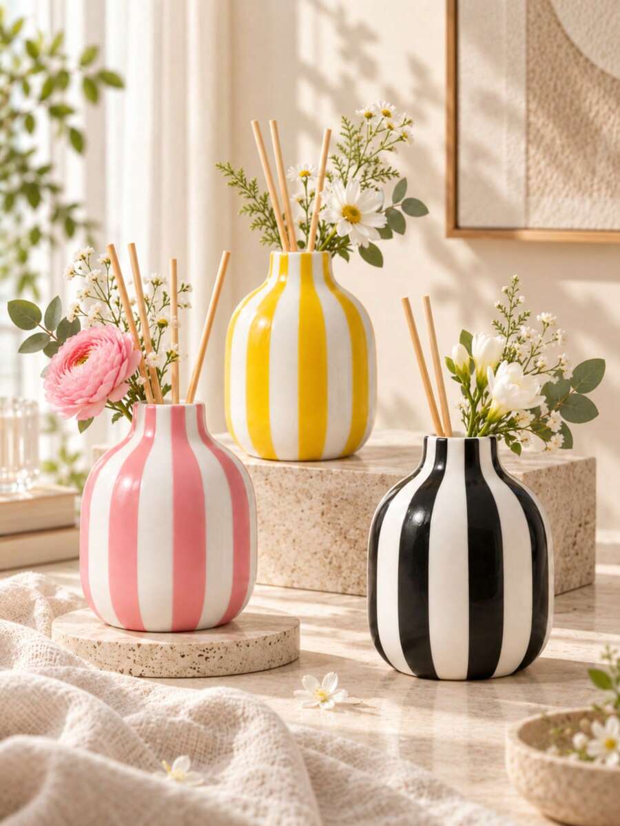 1pc Striped Bulky Diffuser Bottle, Decorative Tabletop Aromatherapy Bottle, For Bedroom Bathroom Desktop Display, Ideal For Home Office Decor - Small Round Bottle - View 1
