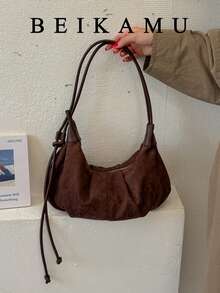 Women's Vintage Faux Suede Crescent Hobo Bag, Ruched Underarm Bag With Adjustable Drawstring Shoulder Strap, Casual Crossbody Bag - Coffee - View 3