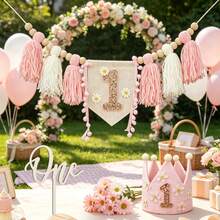 3pcs/Set Pink Birthday Decoration, Hanging Banner, Birthday Crown, Party Decoration, Photo Booth Backdrop - Pink Daisy - View 5