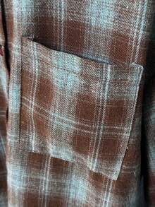 Plus Size Women's Brown & Blue Plaid Shirt Collar Long Sleeve Button Front Drop Shoulder Top (With Pockets, Suitable For Autumn) - Blue - View 6