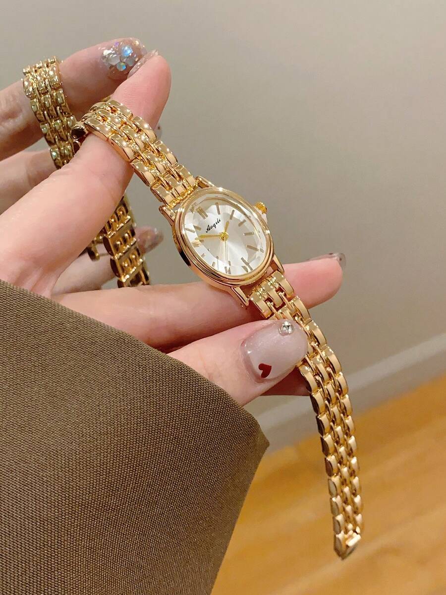 1件金色橢圓形女款石英手錶,白色錶盤配條形刻度,時尚配件,適合日常配戴或送禮 - 金色 - 查看 1