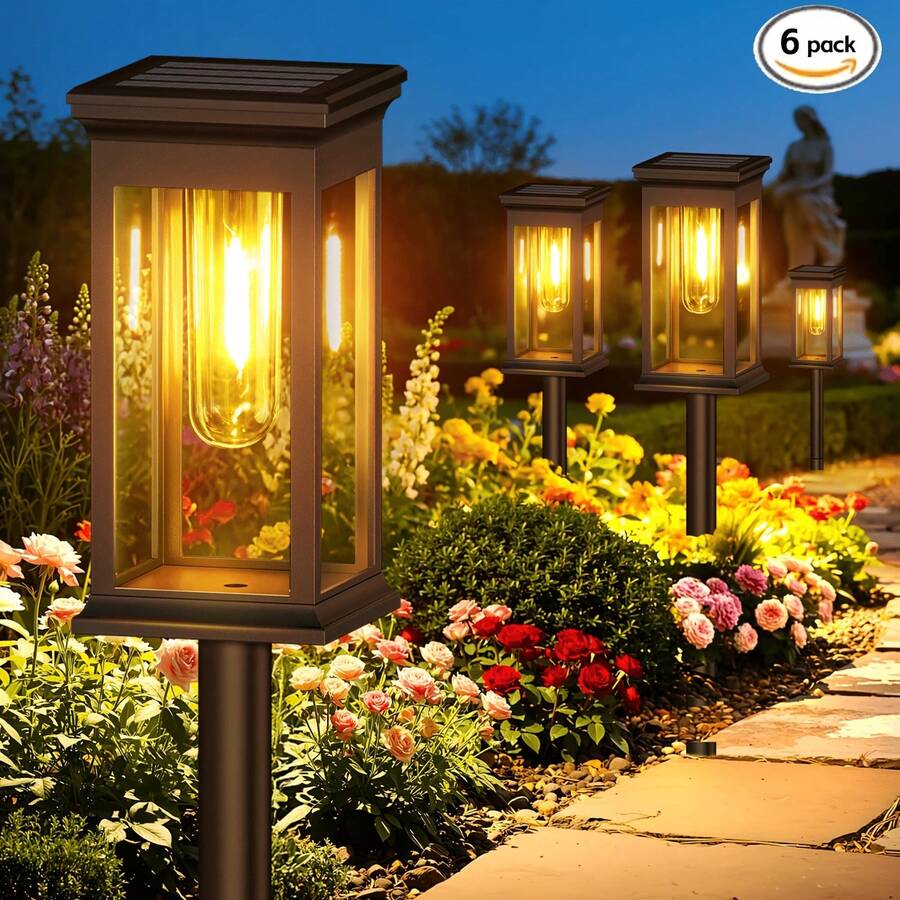 GEARLITE 6 Pack Solar Pathway Lights Outdoor, 2X Bigger Solar Outdoor Lights, Bright Solar Garden Lights, Auto On/Off Outdoor Solar Lights for Yard Landscape Path Lawn Patio Walkway - Quadratischer Wolframdraht - Übersicht 1