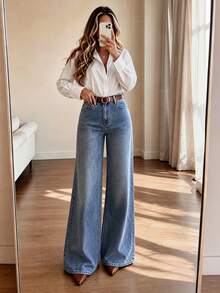 Women's Straight Leg Jeans, Long Inseam, Button Detail, Medium Stretch Fabric, Ideal For Spring Outfits, Casual Style - Medium Wash - View 3