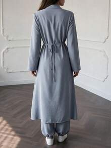 Women's Stand Collar Long Robe With Side Slit, Long Sleeve Blouse And Lantern Pants 2 Pieces Set, Vintage Fall Fashion - Grey - View 5