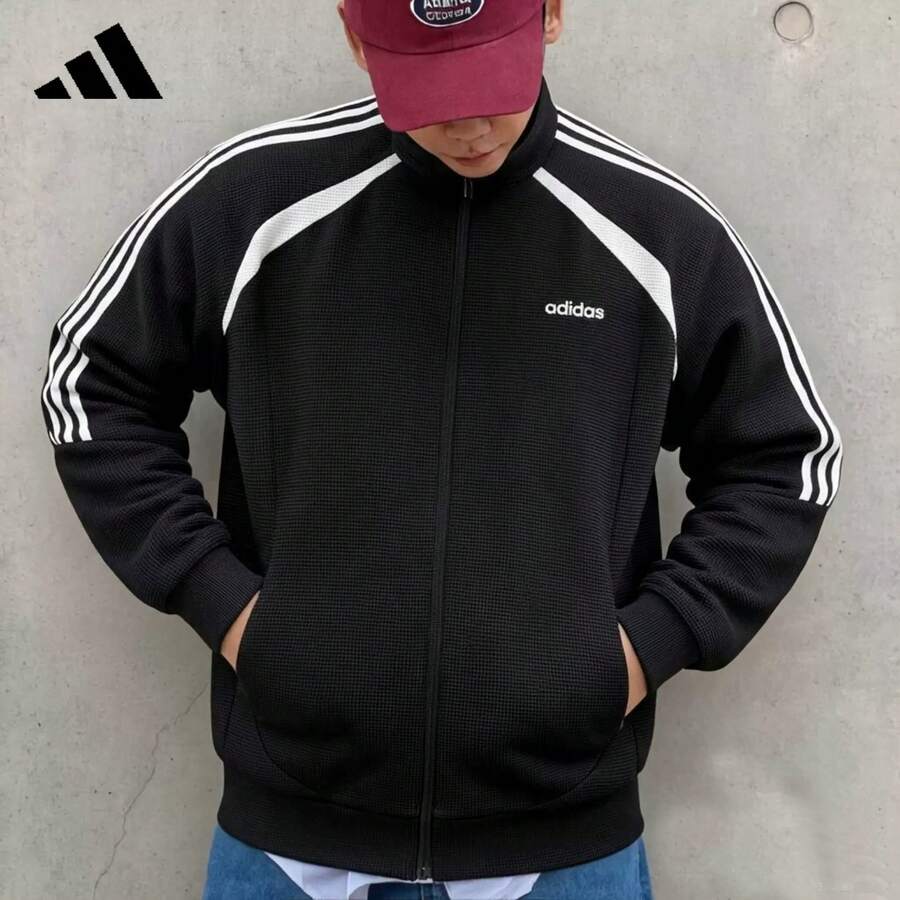 Adidas Men's Stand Collar Zip-Up Sports Jacket Waffle Knit Casual Colorblock Striped Loose Fit Jacket LF7327 - Black - View 1