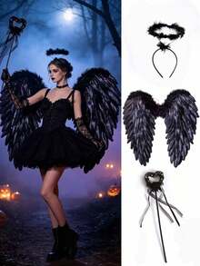 3pcs Halloween Black Angel Wings Costume Accessories, Party Dress Up Props, Gothic Style Role Play Adult Props - Multicolor - View 7