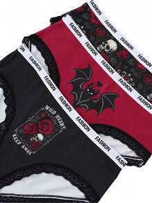 Dark Gothic Style 3-Pack Women's Triangle Shorts, Skull Rose Bat Pattern Letter Waistband Comfortable Underwear 3-Piece Set - Multicolor - View 7