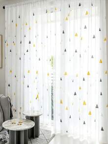 1pc Rod Pocket Triangle Print Sheer Curtain, Yellow & Black Geometric Pattern, Soft Diffused Light, Lively & Playful Kids Room Floor-Length White Sheer Curtain - White - View 9